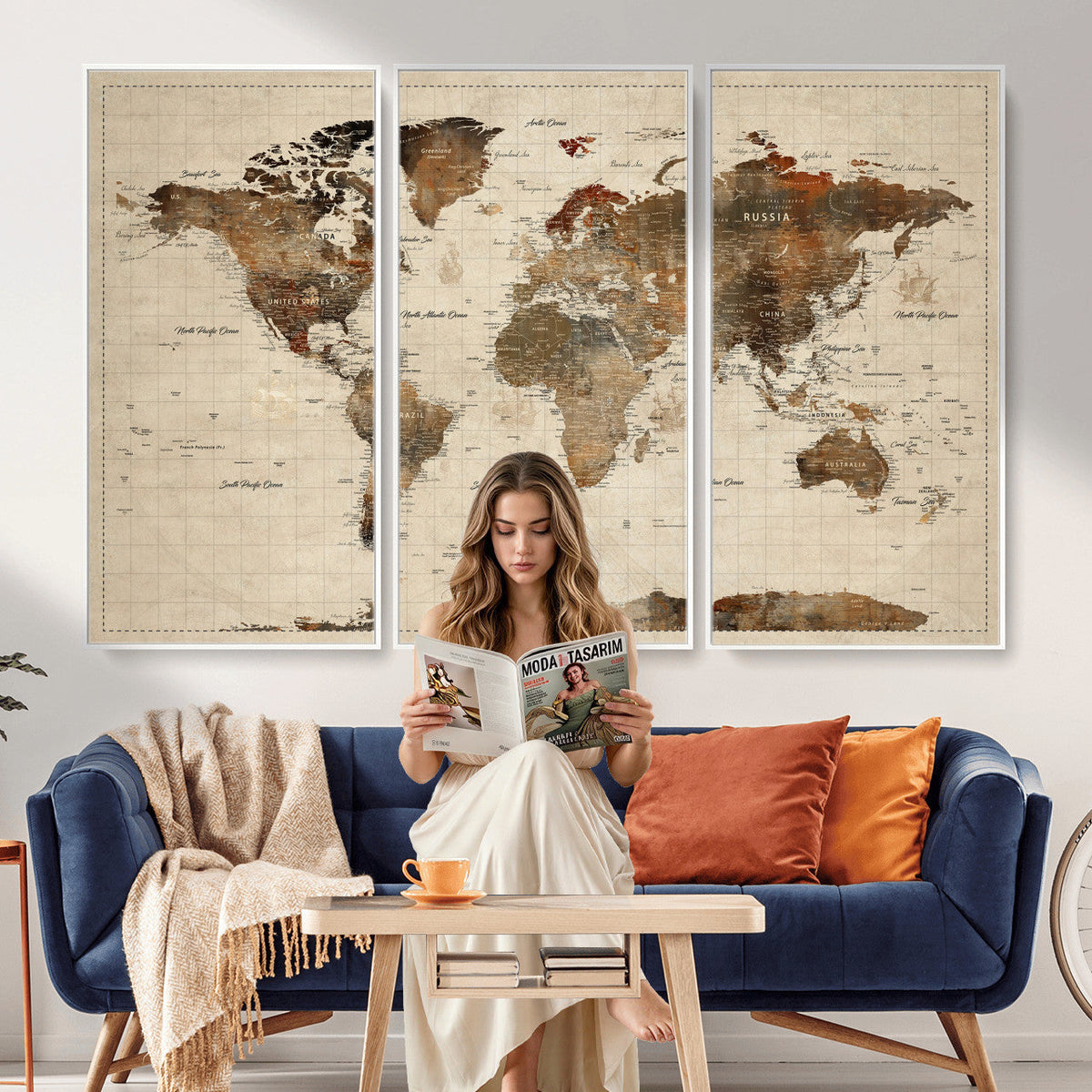 Vibrant Earth Tone World Map Canvas Print | Framed Detailed Map of the World