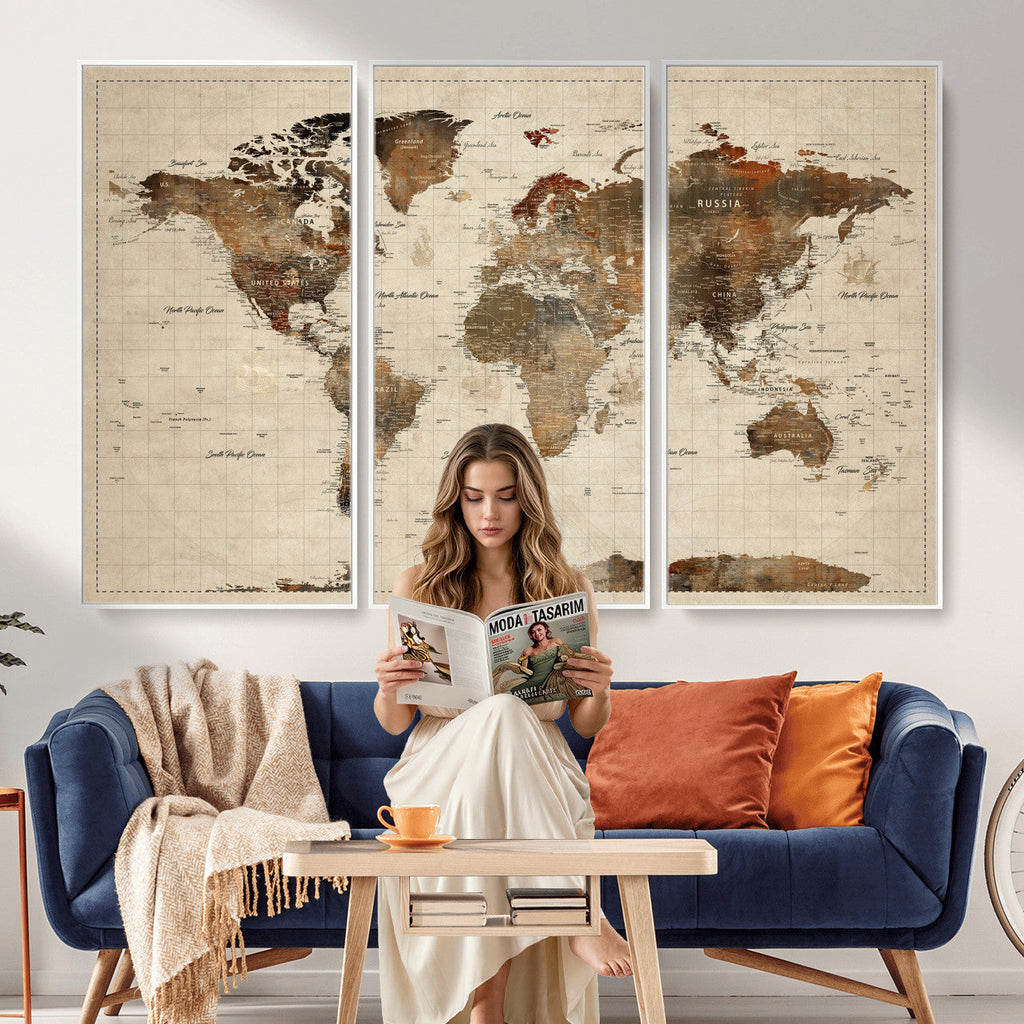 Vintage World Map Wall Art Canvas Print for Living Room, Office and Study