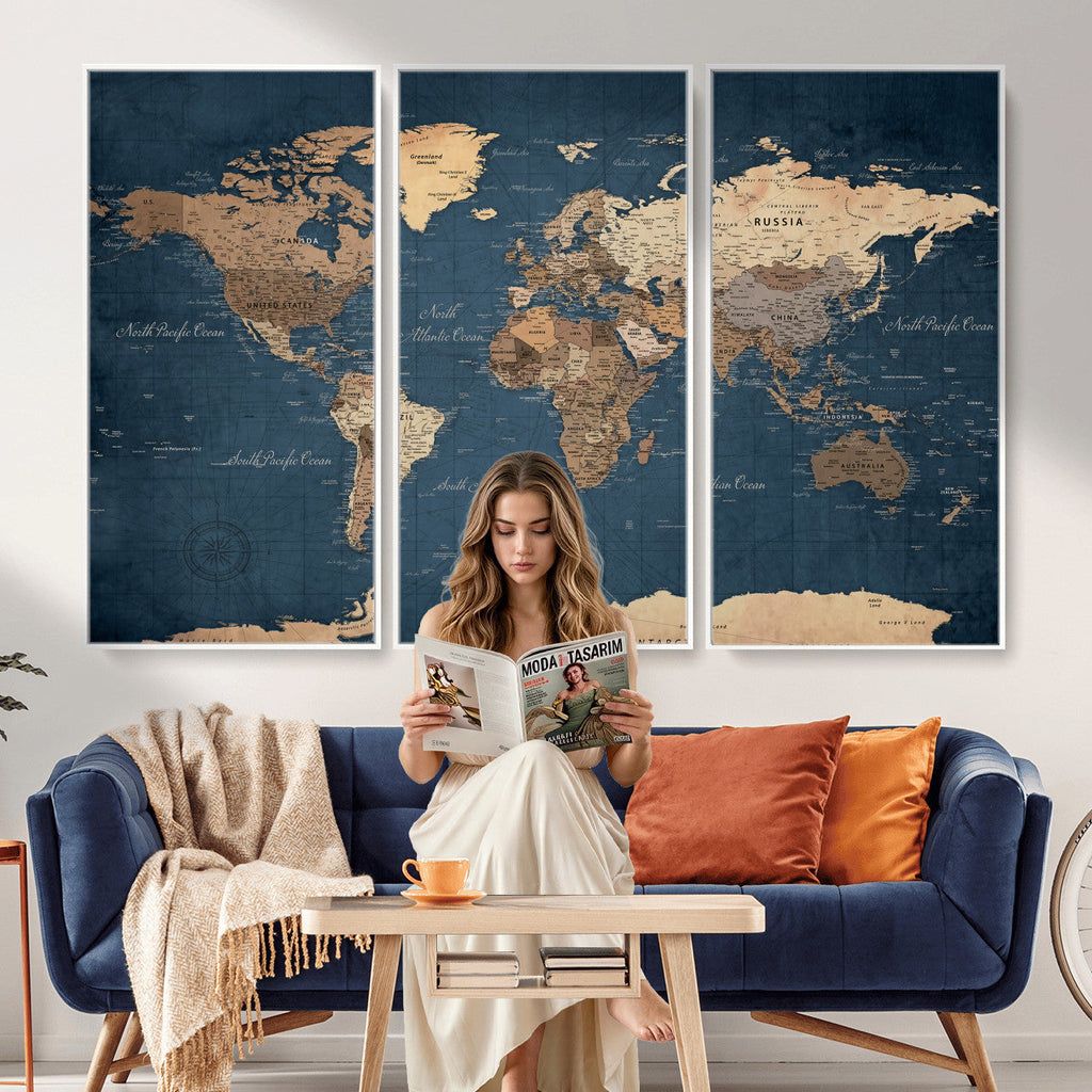Navy Blue World Map Canvas Print | Framed Travel Map Wall Art