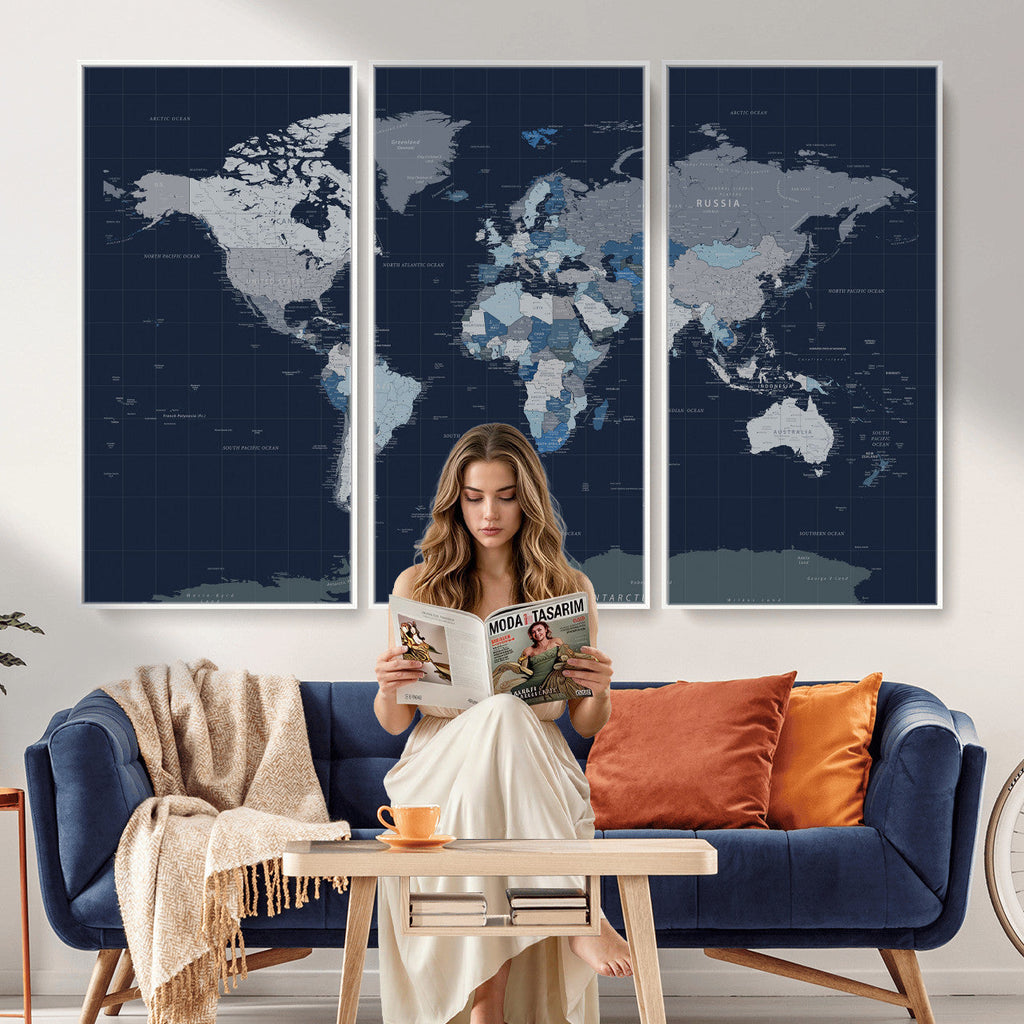 Blue Detailed World Map Wall Art Canvas Print | Modern Framed Map