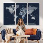 Blue Detailed World Map Wall Art Canvas Print | Modern Framed Map
