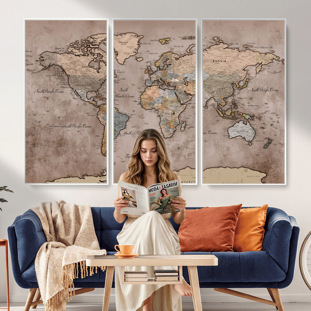 Grunge World Map Canvas Wall Art - Vintage Aged World Map with Golden Tones