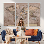 Grunge World Map Canvas Wall Art - Vintage Aged World Map with Golden Tones