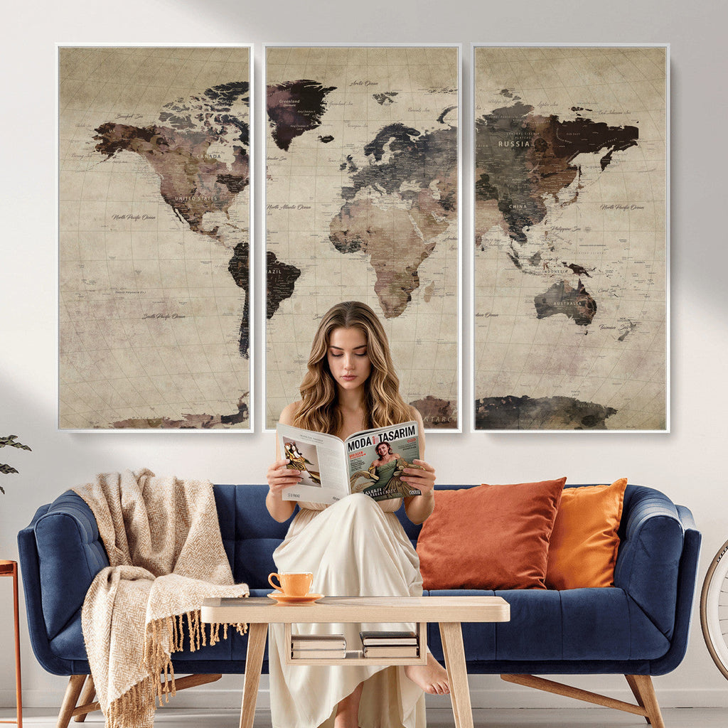 World Map Canvas Print, Detailed Map of the World, Adventure Gift for Couples and Anniversaries