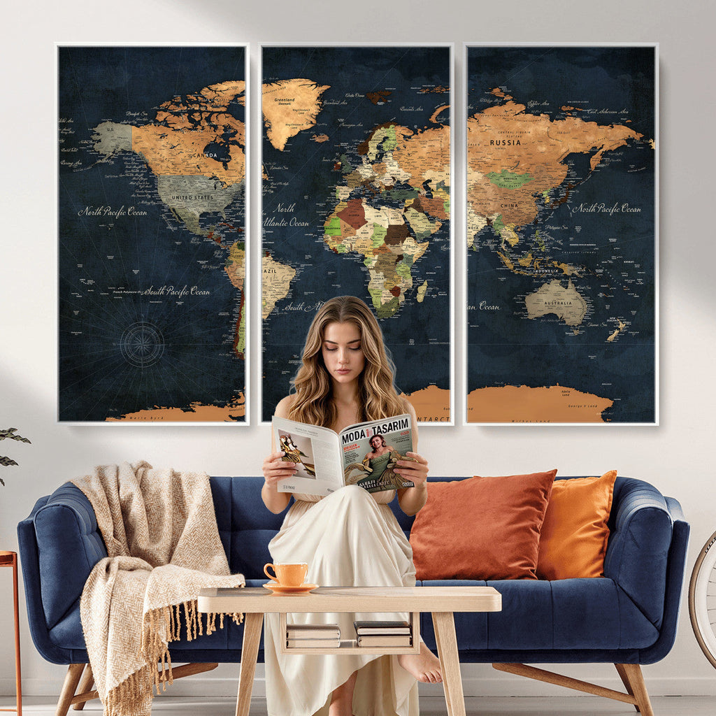 Vintage World Map Canvas Wall Art | Detailed Map with Countries, Oceans and Continents