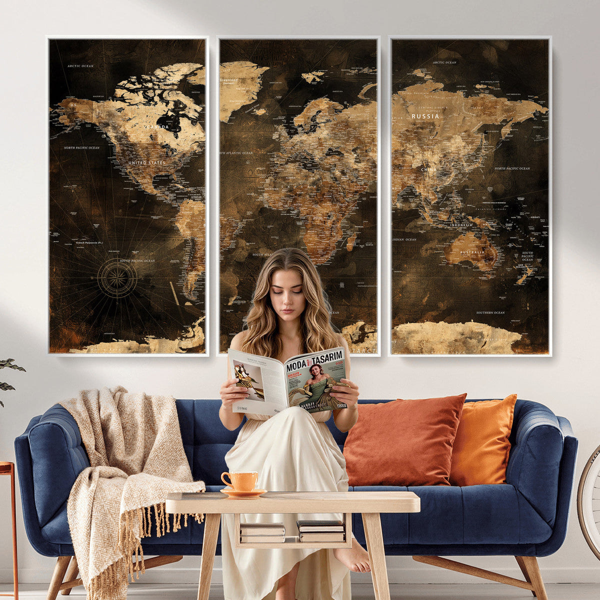 World Map Canvas Print, Modern Decorative Framed Map Artwork