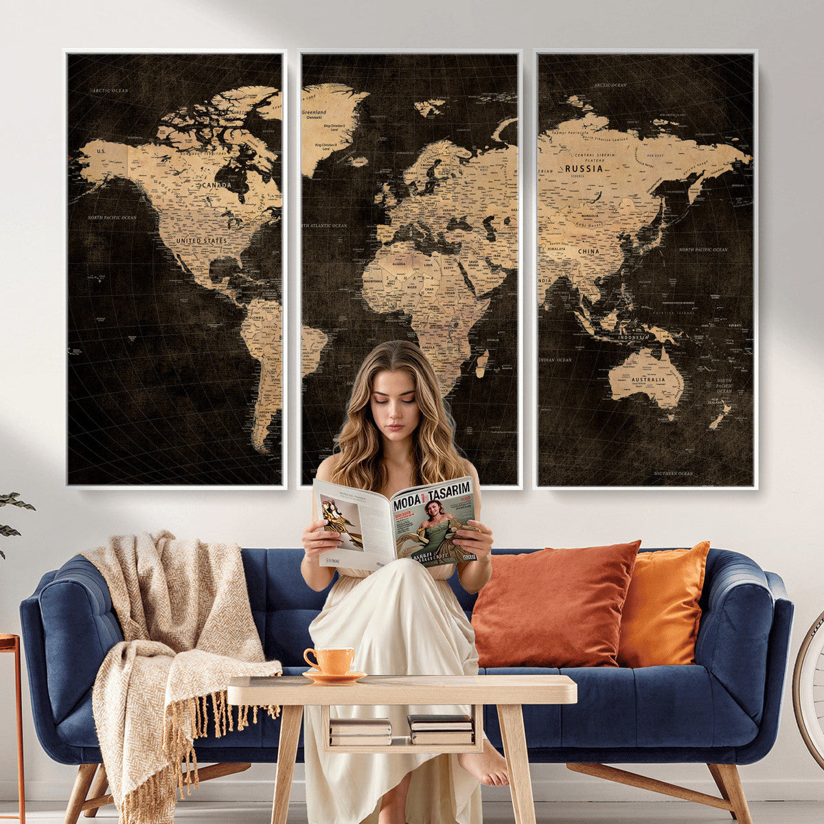 Brown World Map Canvas Print | Modern Travel Map Wall Art