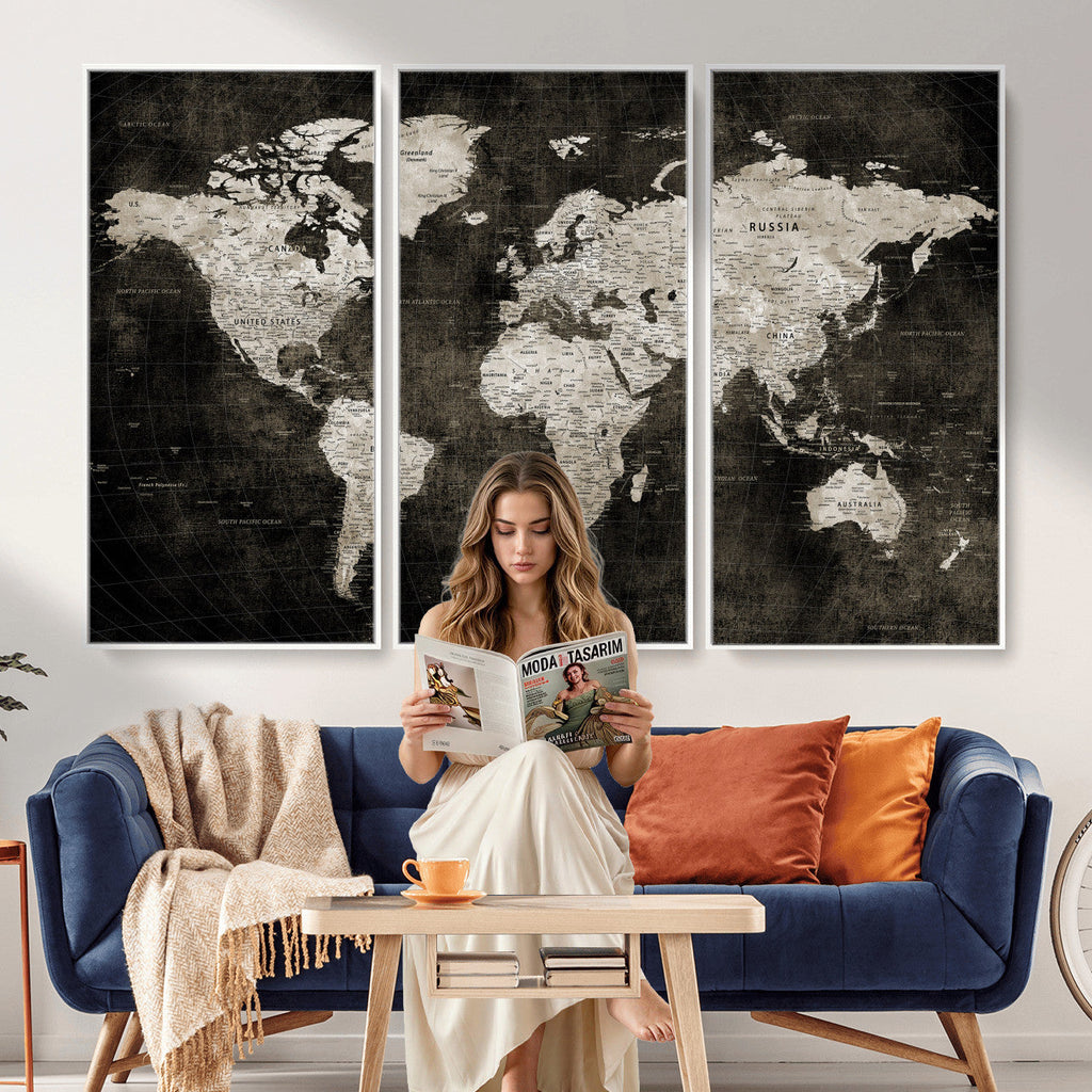 Vintage World Map Wall Art Canvas Print | Framed Large Map Wall Art