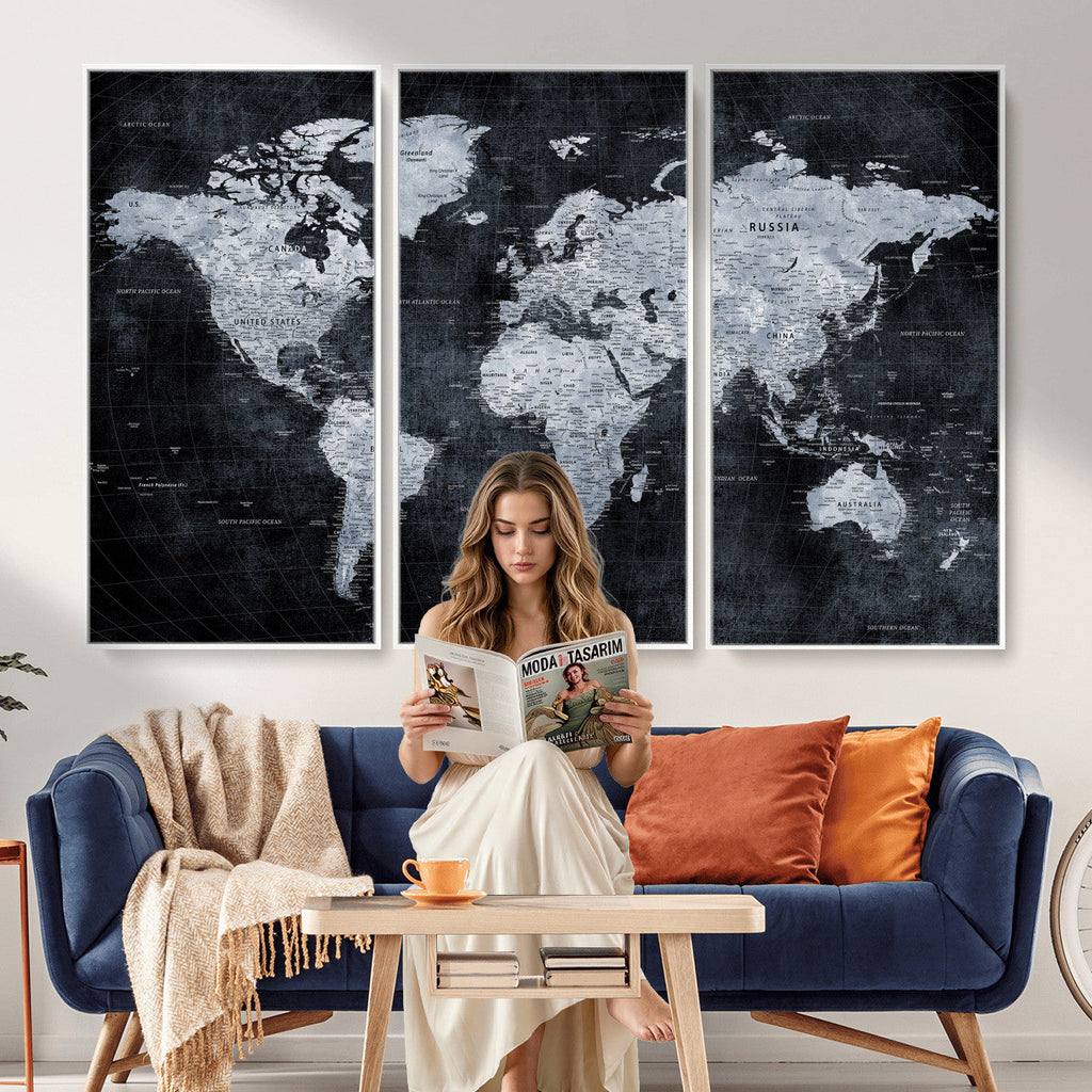 Black World Map Canvas Print | Detailed Map for Couples and Anniversary Gift
