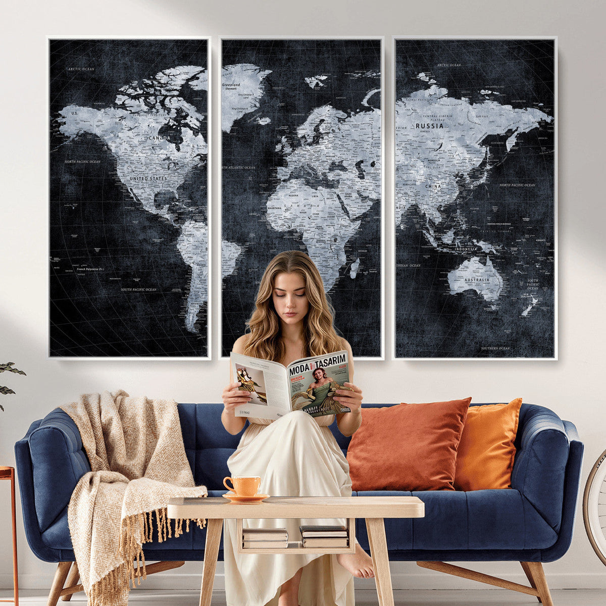 Black World Map Canvas Print | Detailed Map for Couples and Anniversary Gift
