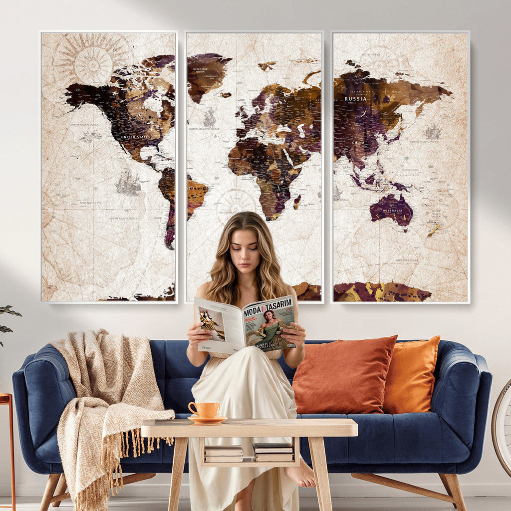 Blue Watercolor World Map Canvas Print | Framed Modern Wall Art