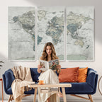 Neutral Vintage World Map Canvas Wall Art Print, Classic Map Artwork