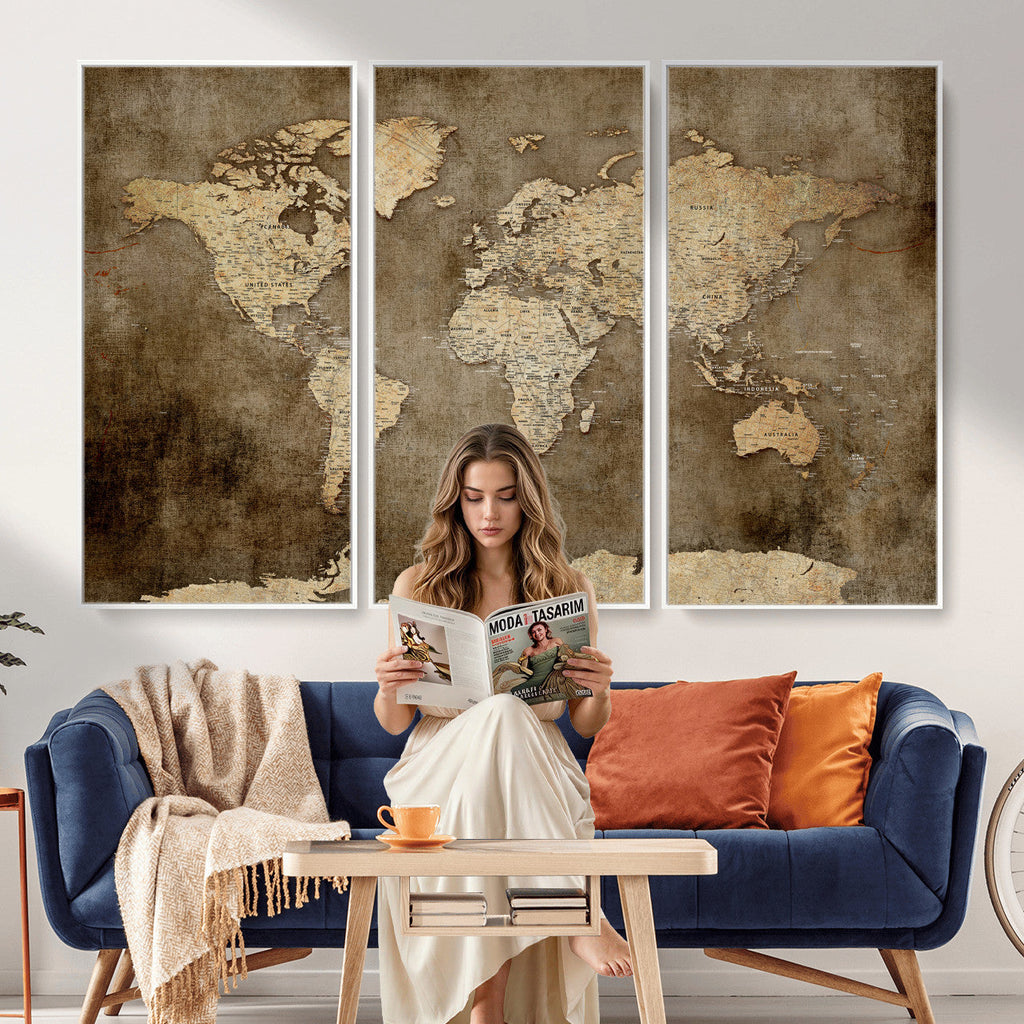 Dark Vintage World Map Canvas Wall Art Print, Antique Map Artwork