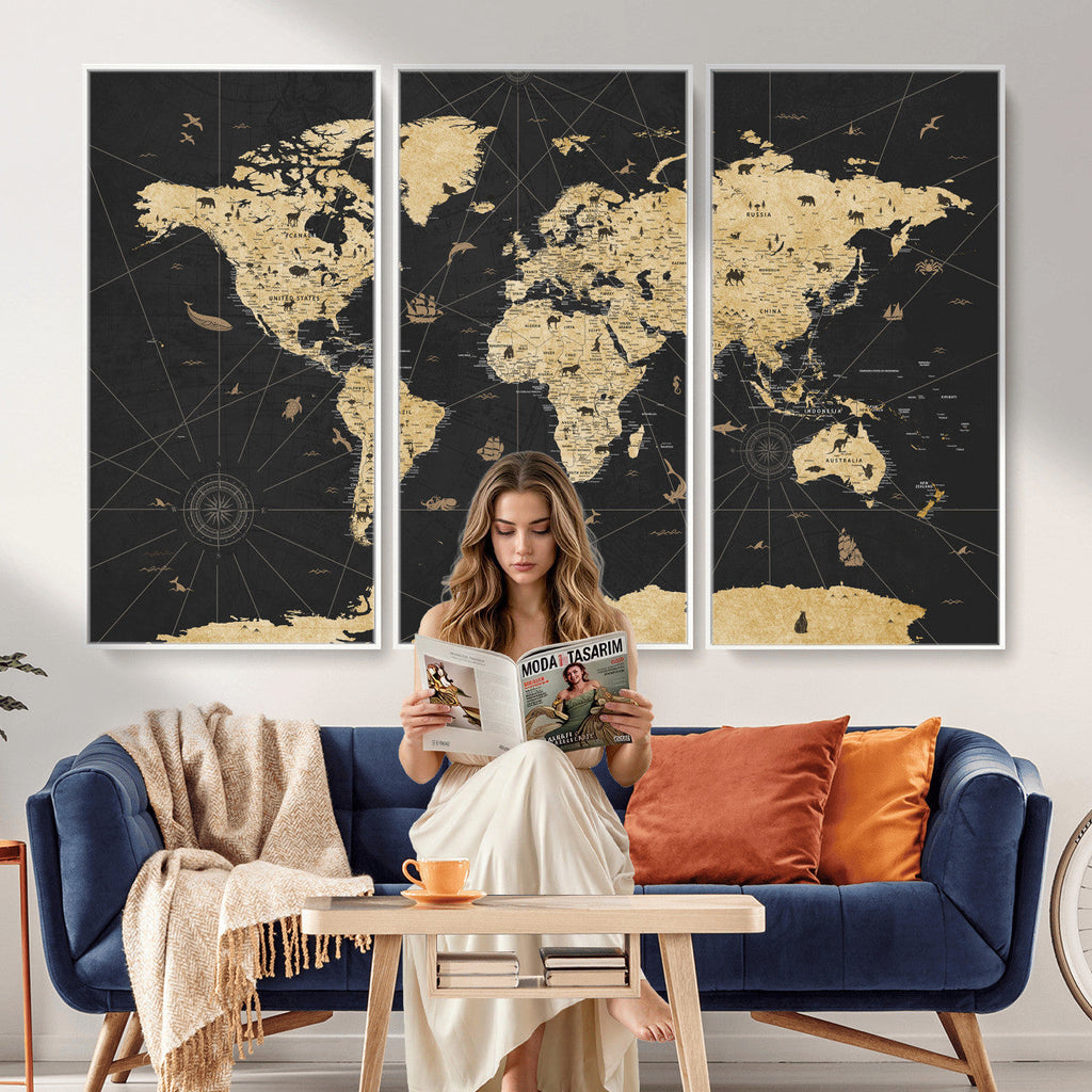Vintage Blue and Brown World Map Canvas Wall Art | Framed Rustic Map Print