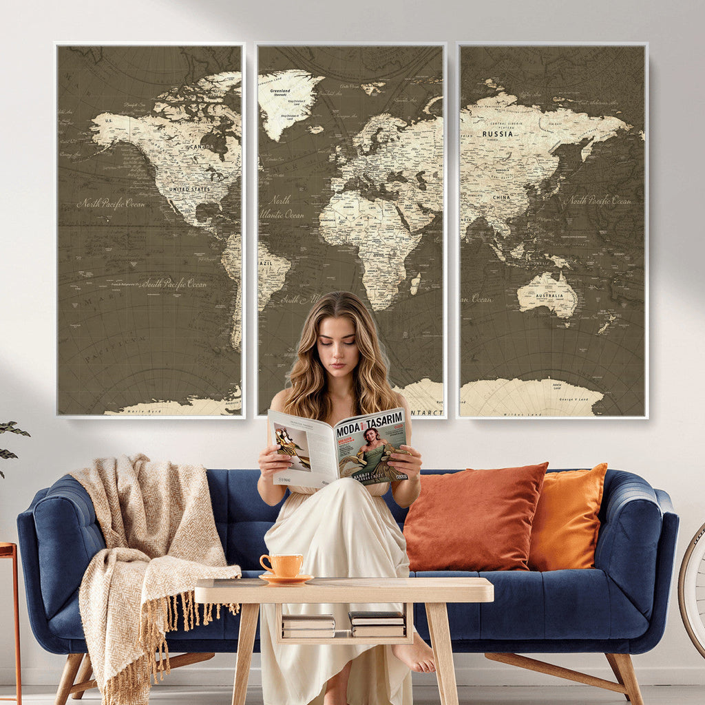 Vintage World Map Canvas Print | Framed Travel Map Wall Art for Couples
