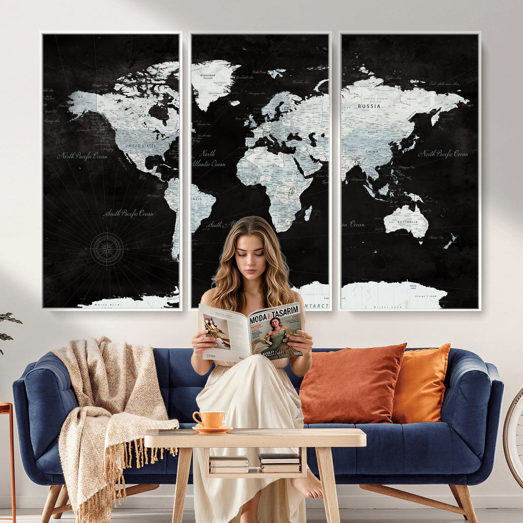 World Map Canvas Print | Framed Push Pin Wall Art, Color Splash Travel Map