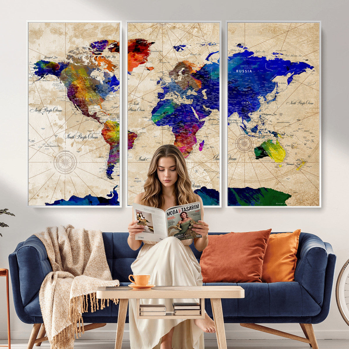 Watercolor World Map Canvas Print | Framed Wall Art for Couples
