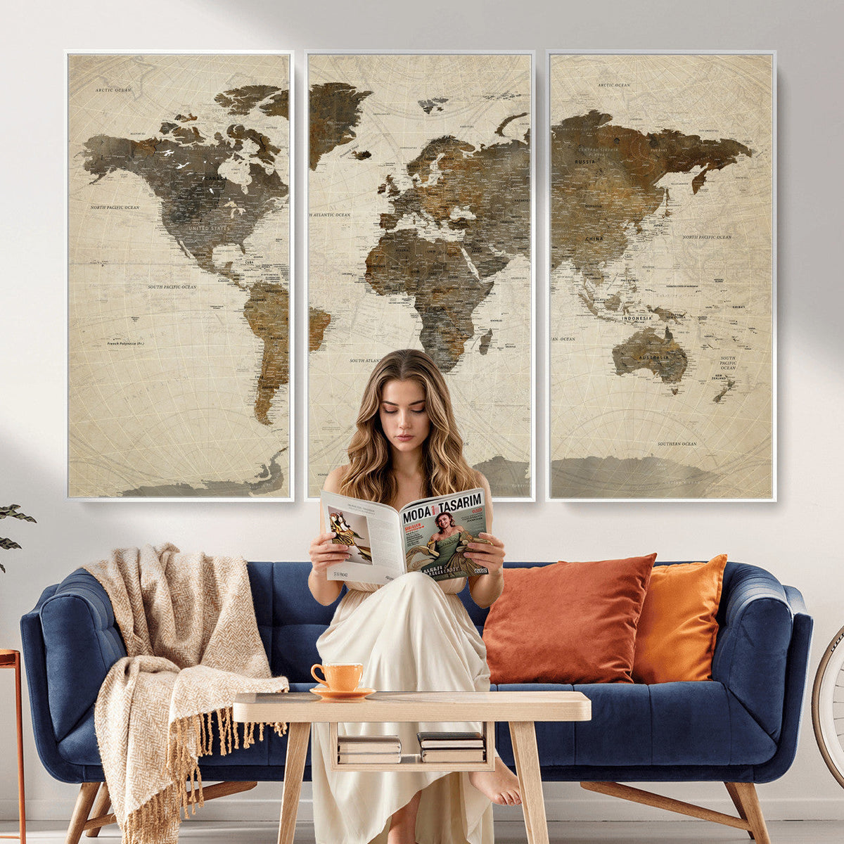 Vintage World Map Canvas Wall Art | Framed Antique Style Travel Map