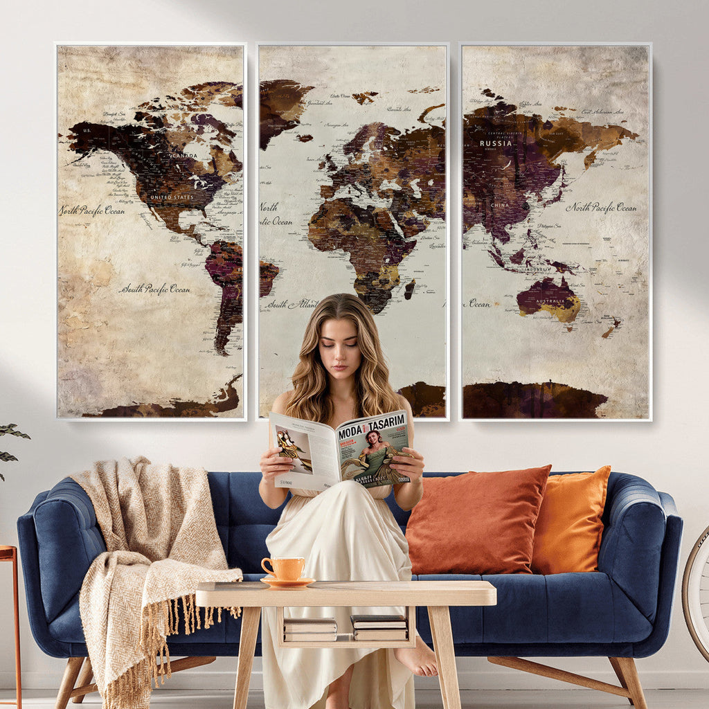 World Map Canvas Triptych | Colorful Global Wall Art for Living Rooms
