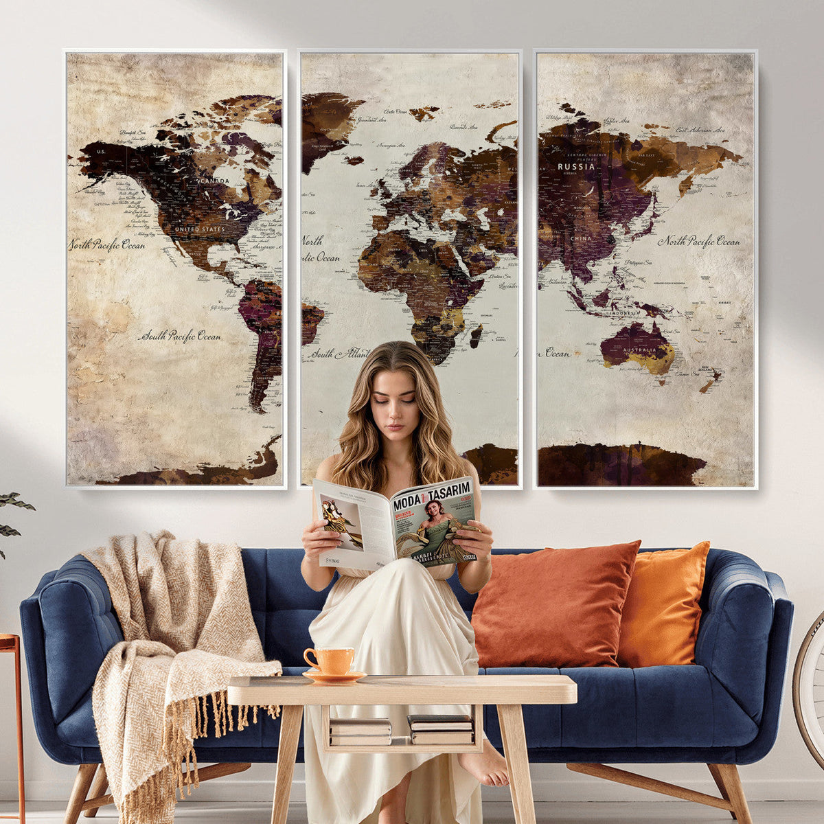 World Map Canvas Triptych | Colorful Global Wall Art for Living Rooms