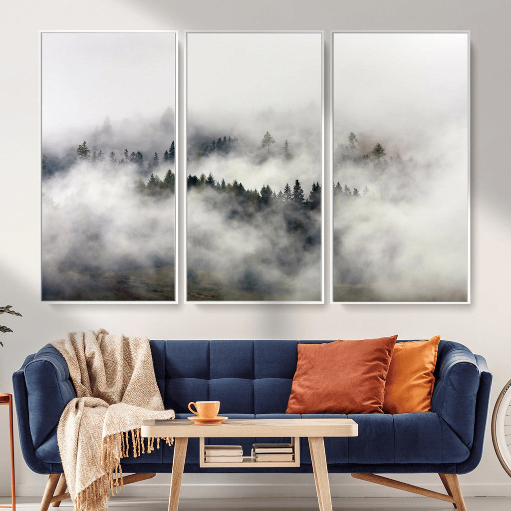 Foggy Forest Wall Art Canvas Print, Misty Pine Tree Landscape