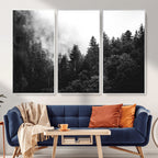 Black White Forest Wall Art Canvas Print, Misty Pine Tree Landscape