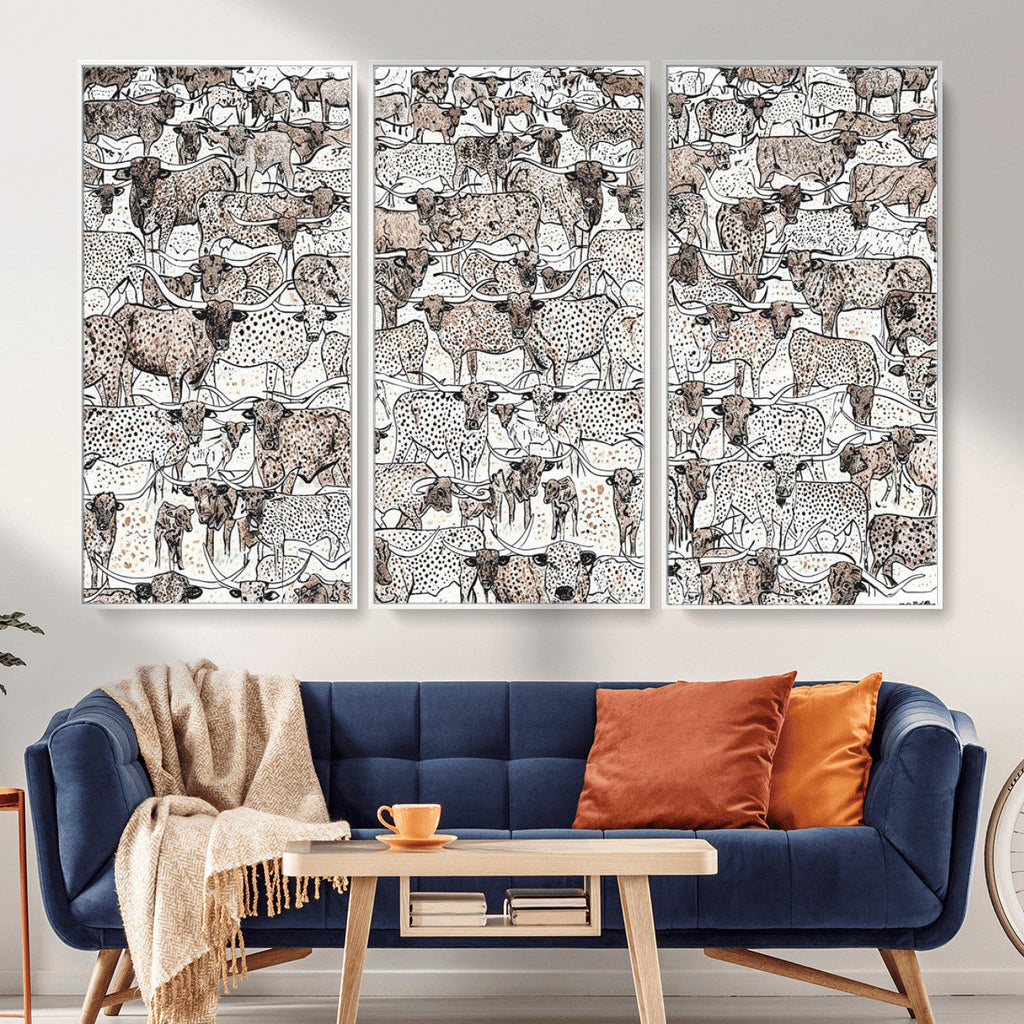Abstract Texas Cow Wall Art Canvas Print, Farm Longhorn Art for Cabin Decor