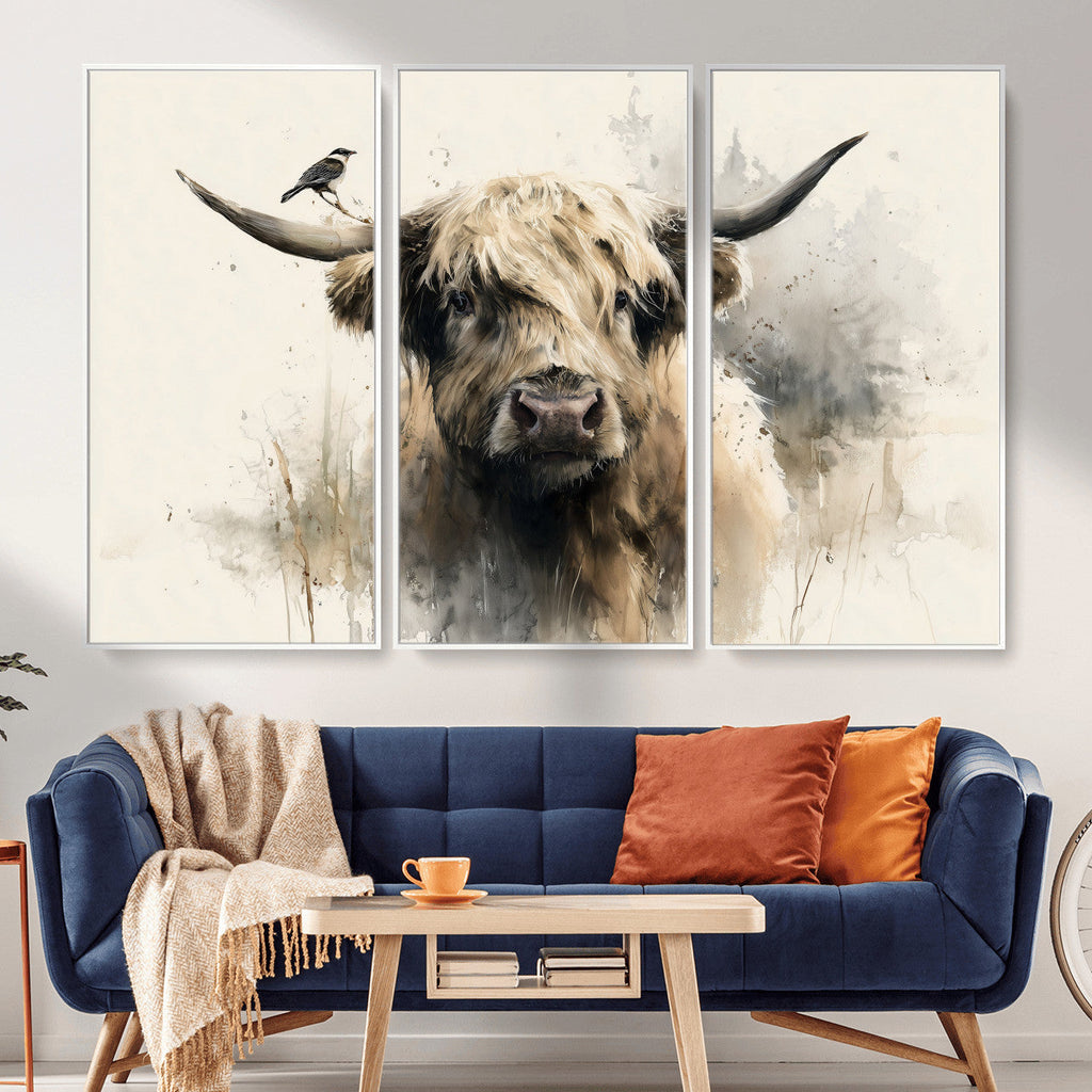 Abstract Highland Cow Wall Art Canvas Print, Rustic Farm Cattle Portrait