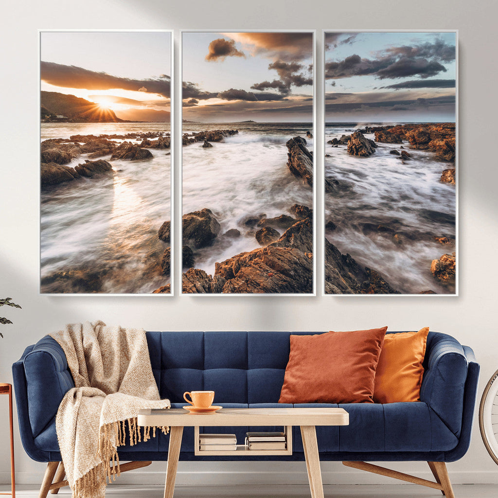 Rocky Coast Ocean Sunset Wall Art Canvas Print, Dramatic Seascape Nature Decor