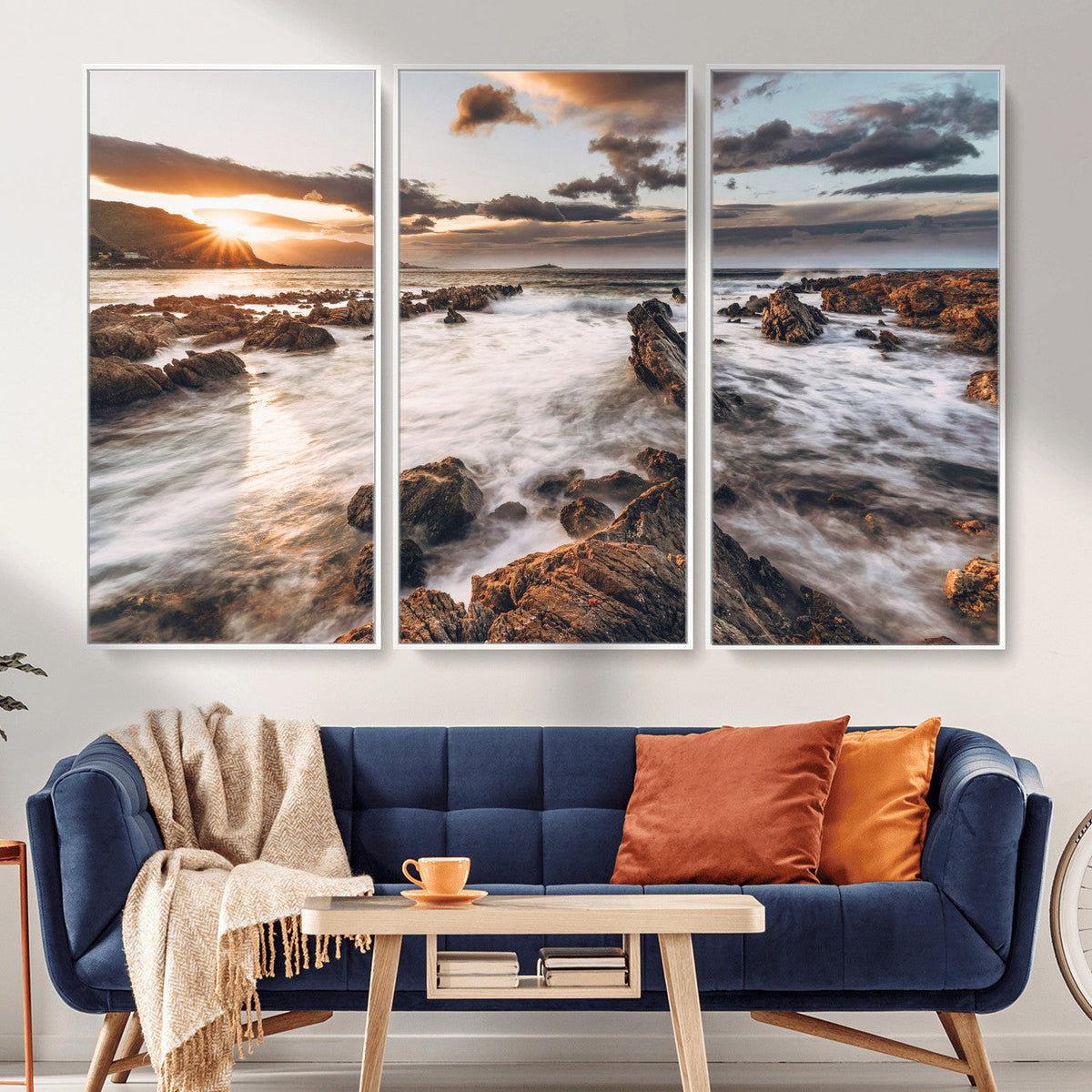 Rocky Coast Ocean Sunset Wall Art Canvas Print, Dramatic Seascape Nature Decor