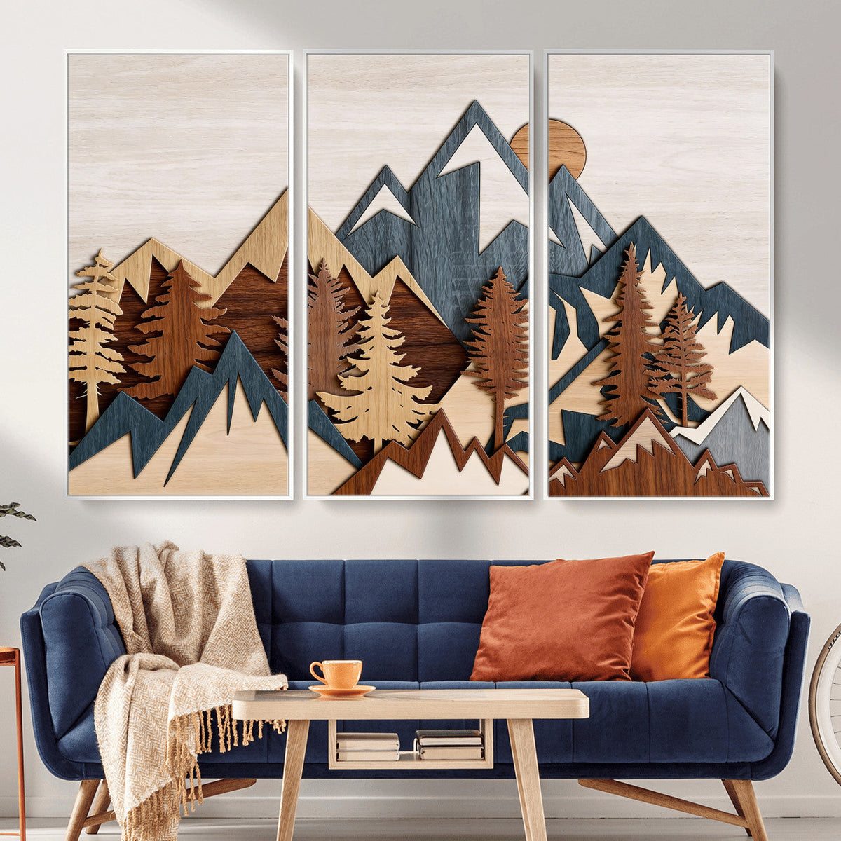 Layered Wooden Mountain Wall Art Canvas Print, Modern Rustic Forest and Pine Landscape