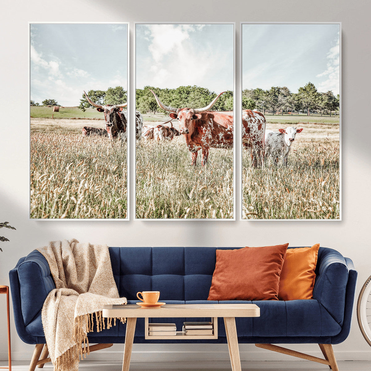 Texas Longhorn Cattle Wall Art Canvas Print, Western Ranch Landscape Decor