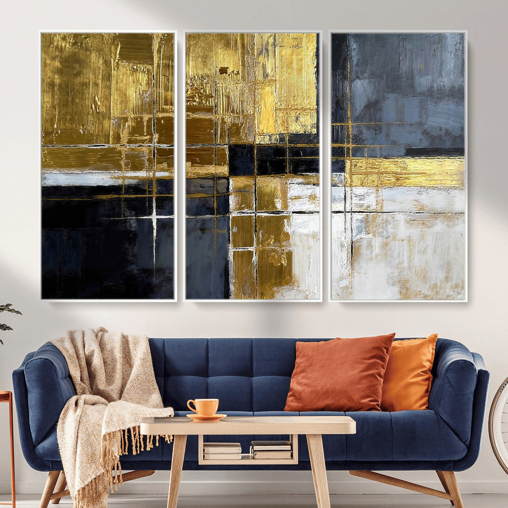 Gold Navy Abstract Wall Art Canvas Print, Modern Luxury Geometric Art for Living Room and Office