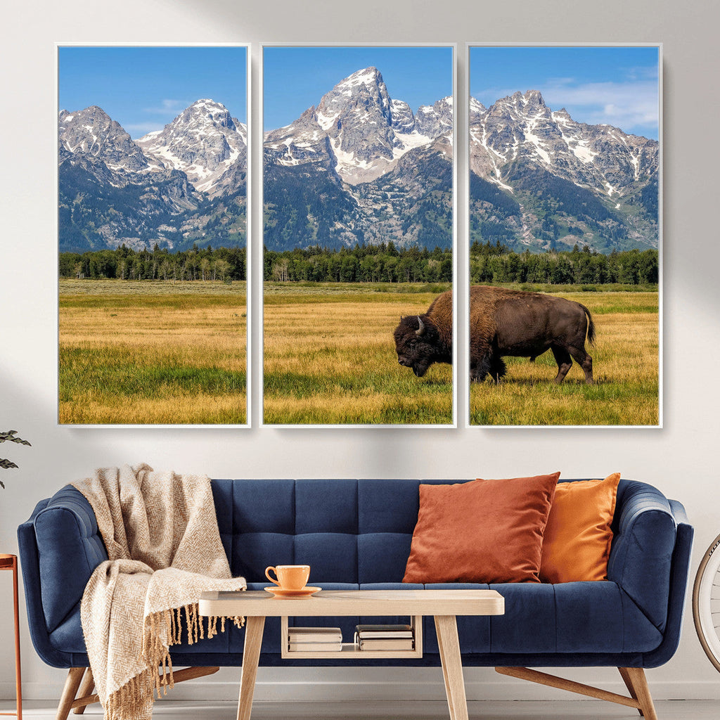Bison in Mountain Landscape Wall Art Canvas Print, Western Decor