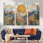 Boho Mountain Landscape Large Wall Art, Horizontal Gold Sun and Flowers Print