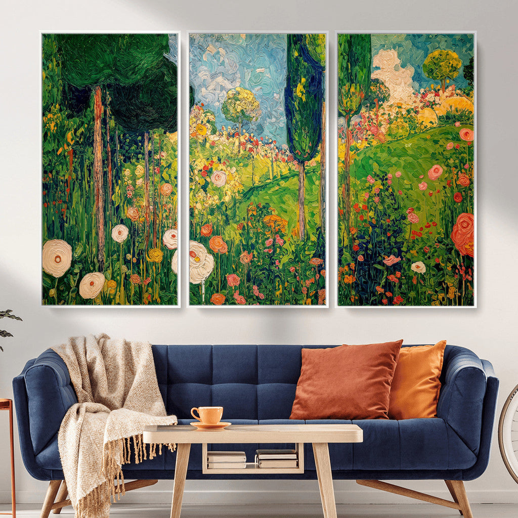 Gustav Klimt Boho Mountain Landscape Large Wall Art, Gold Sun and Flowers Print