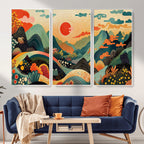 Yayoi Kusama Boho Mountain Landscape Large Wall Art, Gold Sun and Flowers Print