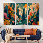 Colorful Japanese Landscape Print: Maximalist Panoramic Wall Art