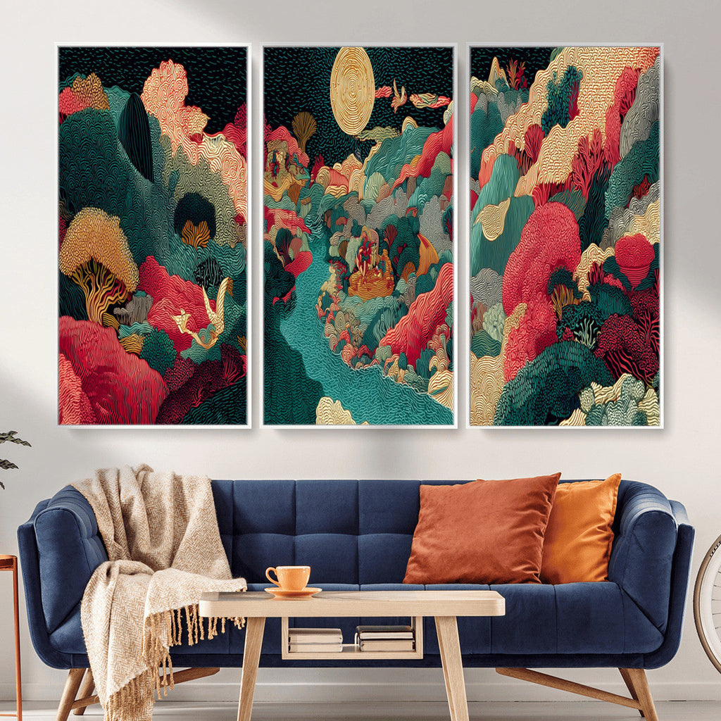 Colorful Japanese Landscape Print: Maximalist Panoramic Wall Art