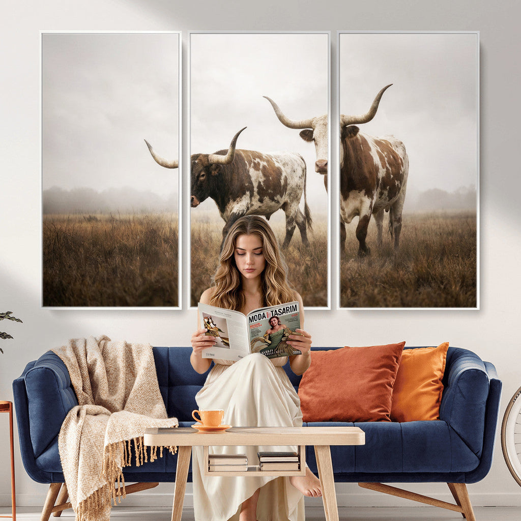 Texas Longhorn Canvas Wall Art Western Bull Desert, Rustic Farmhouse Wall Decor