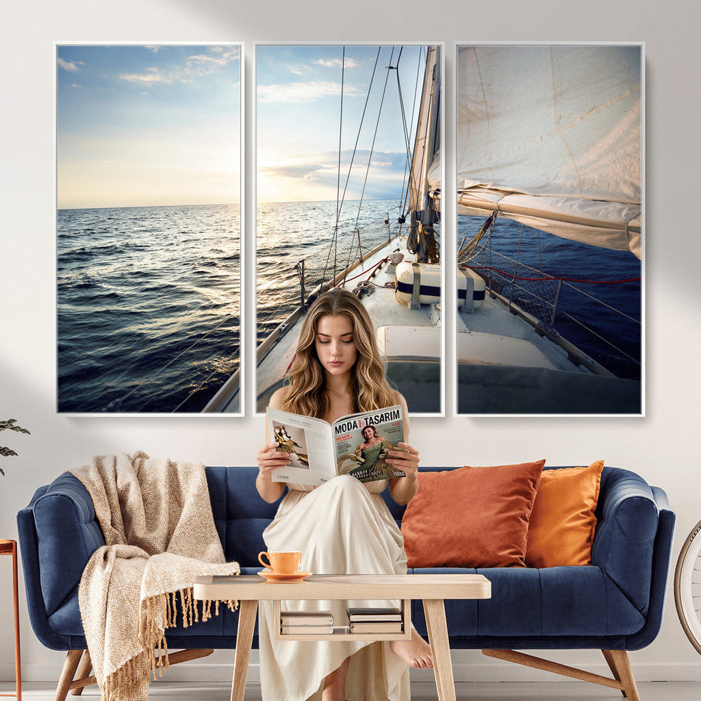Sailboat Wall Art Canvas Print, Ocean Sunset Sailing Framed Artwork