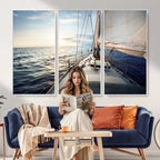 Sailboat Wall Art Canvas Print, Ocean Sunset Sailing Framed Artwork
