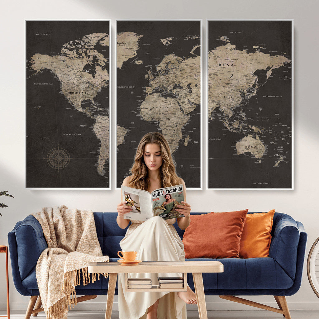 World Map Canvas Wall Art, Dark Charcoal and Antique Tan Detailed Map
