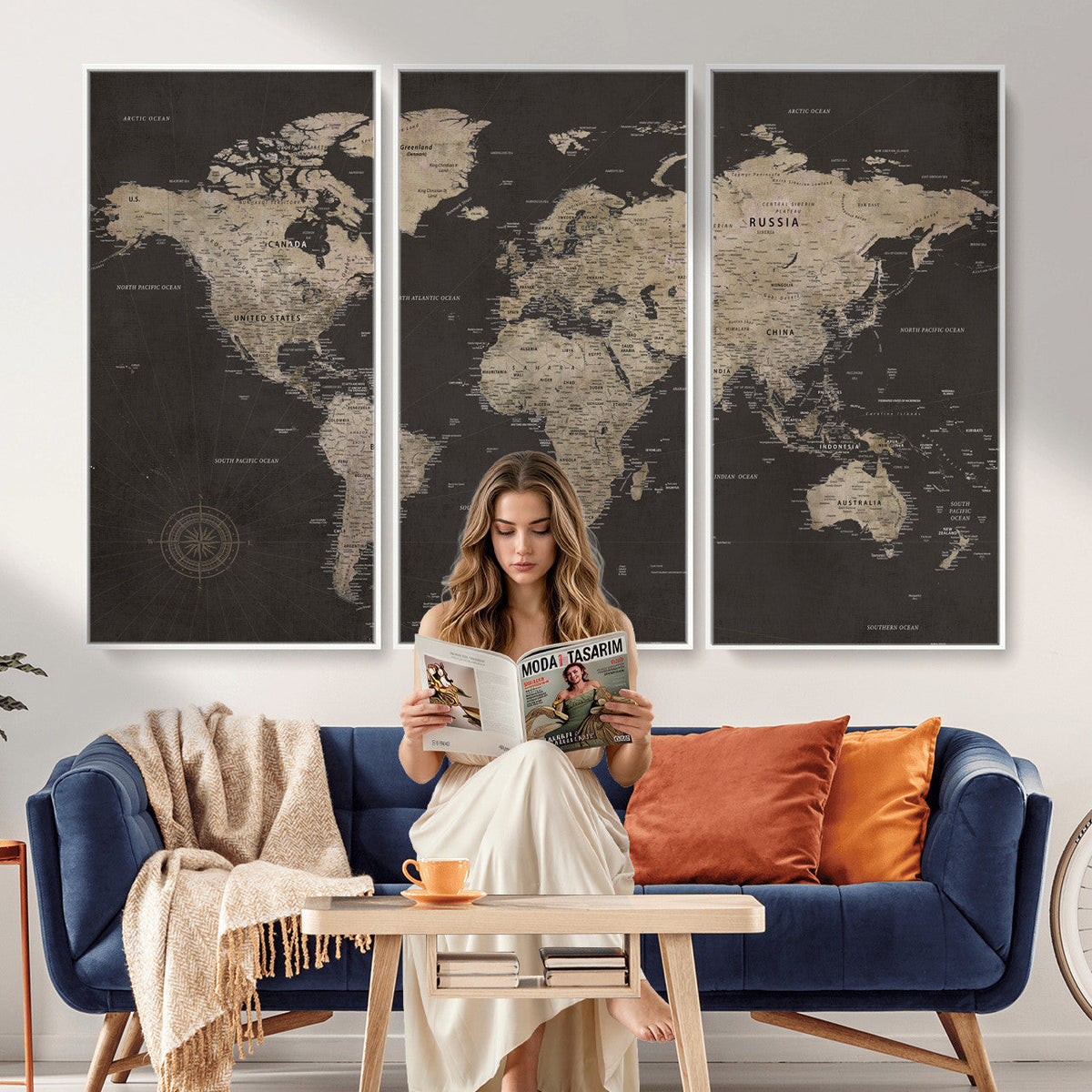 World Map Canvas Wall Art, Dark Charcoal and Antique Tan Detailed Map