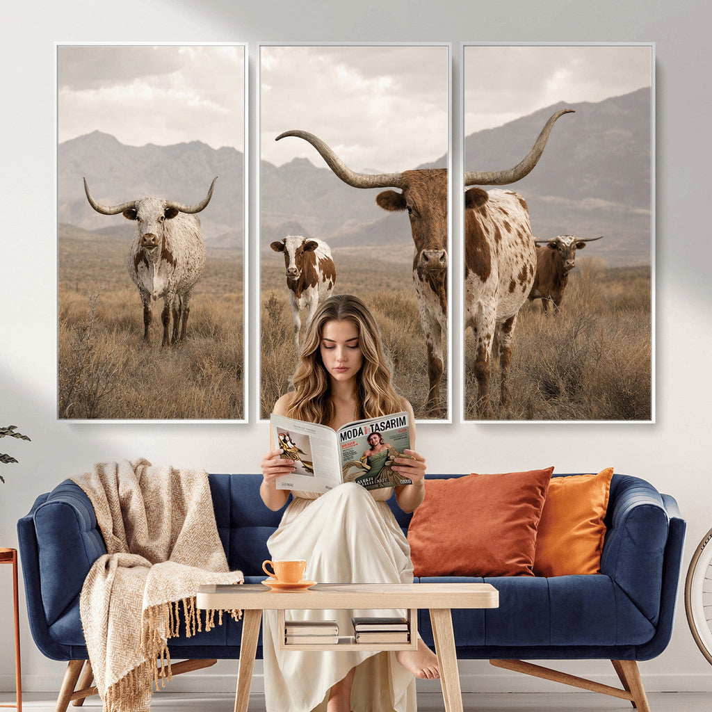 Rustic Texas Longhorn Cow Canvas Wall Art Print, Farm Animal Photography