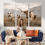 Rustic Texas Longhorn Cow Canvas Wall Art Print, Farm Animal Photography