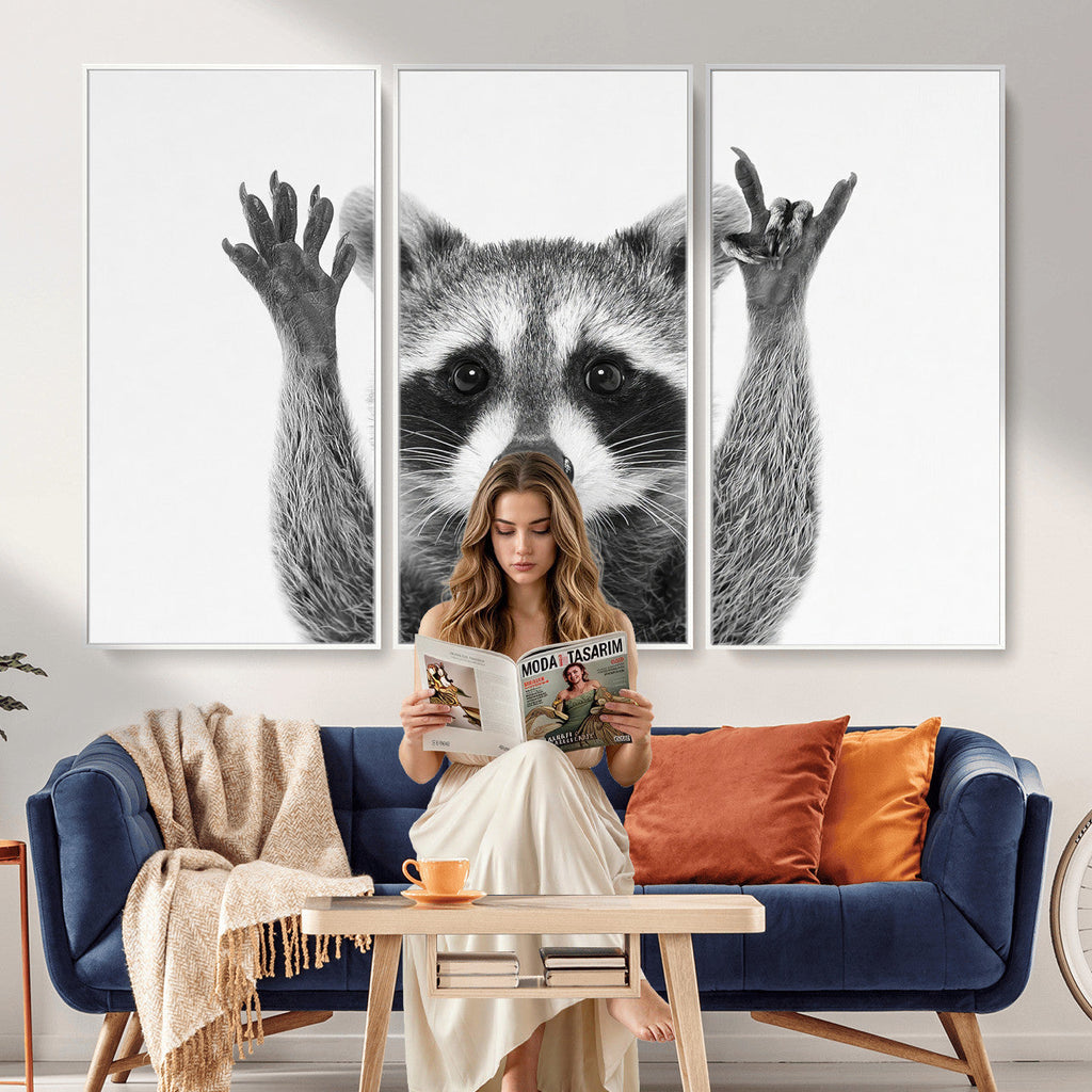 Funny Raccoon Canvas Wall Art, Black White Hands Up Animal Photo Print