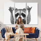 Funny Raccoon Canvas Wall Art, Black White Hands Up Animal Photo Print
