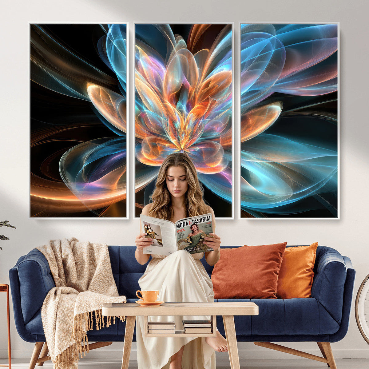 Fractal Lotus Canvas Wall Art, Blue Orange Glowing Flower Abstract Print