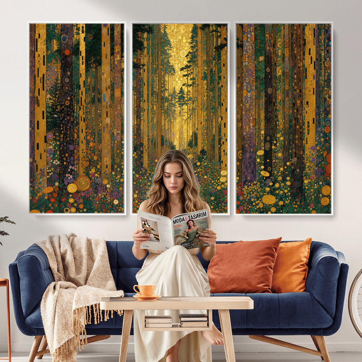 Gustav Klimt Style Forest Canvas Wall Art, Golden Forest Path Floral Art Nouveau Print